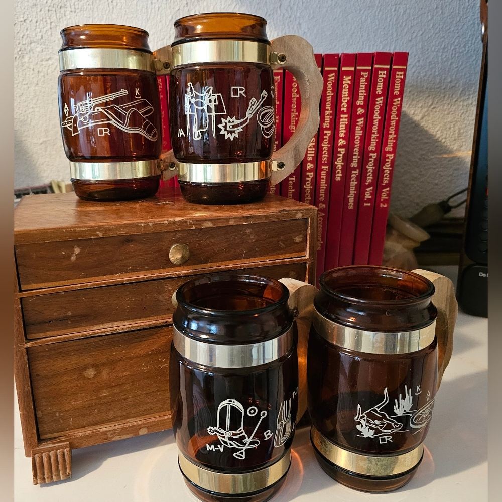 Vintage Siesta Ware Barrel Amber Glass Mugs with Wooden Handles